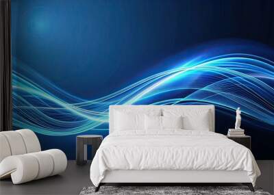 Abstract rendering of minimalist wallpaper with glowing wavy lines on blue background, rendering, abstract Wall mural