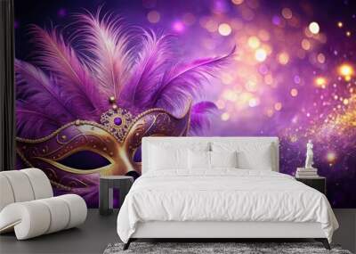 Carnival wallpaper featuring a mask on a purple background with feathers and glitter, carnival, wallpaper, mask Wall mural