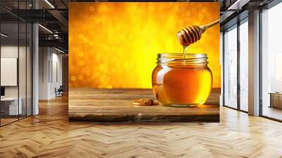 Close-up of honey jar and dipper dripping golden honey against vibrant yellow background, honey, jar, dipper, golden Wall mural