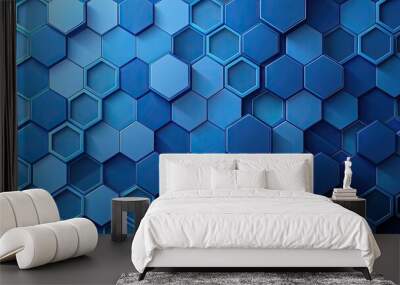 Geometric pattern of blue gradient hexagons on blue background, hexagons, geometric, pattern, blue, gradient, background Wall mural