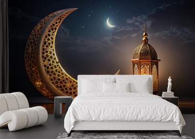 Ramadan Karim festival with moon and lantern on a dark Islamic background, Ramadan, Karim, festival, moon, lantern Wall mural