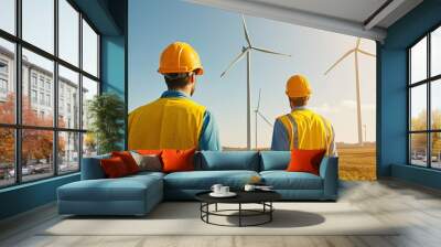 Two workers in safety gear observe wind turbines in a vast field, symbolizing clean energy and sustainable technology initiatives. Wall mural