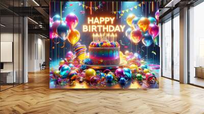 Happy birthday wallpapers greeting cards 3D happy birthday background, birthday cake illustration with candles Gifts for children and adults, Generative AI.	 Wall mural