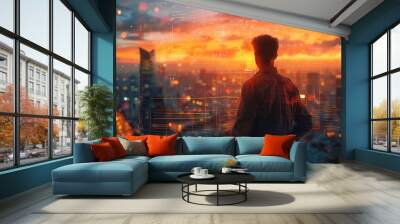 Young entrepreneur sketching plans on a glass wall, city skyline in the background, symbolizing vision and strategy, dusk light, futuristic, Creative or innovative idea, Business Start up Successful  Wall mural