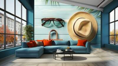 A set for a trip to the sea. Things for rest lying on the table. Gathering for the sea. Wall mural