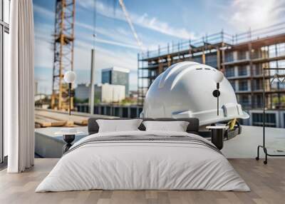 Construction site at sunset with a safety helmet in focus near modern buildings under construction and surrounding materials. Wall mural