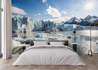 Glacier partially in water at the pole with view of mountains. Global warming. Melting glacier. Wall mural