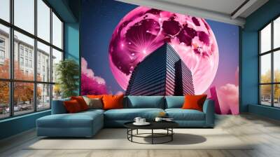 A building and the April pink moon, the night after full moon night of the silhouette on digital art concept. Wall mural