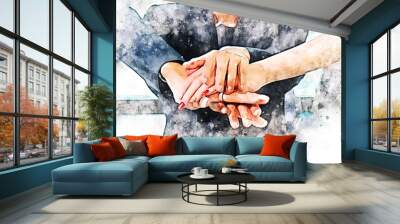 Abstract colorful close up handshake business partner on watercolor illustration painting background. Wall mural