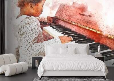 Abstract colorful guitar and piano keyboard on watercolor illustration painting background. Wall mural