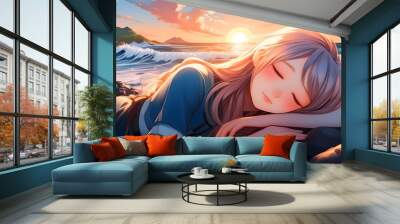 Anime style pretty young girl laying down for sleeping on the sea stone beach at sunset view. Wall mural