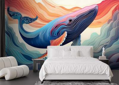 Colorful Humpback whale with continuous one line style. Wall mural