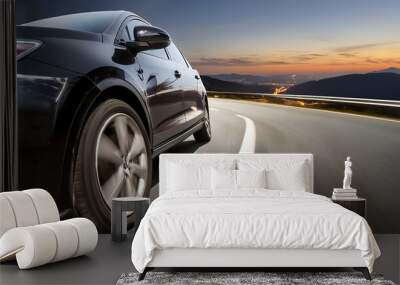 Plack business car on high speed in turn and high-speed highway with motion speed. Wall mural