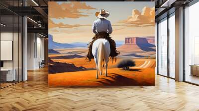 Riding a horse in the middle of the desert and mountains on digital art concept, Generative AI. Wall mural