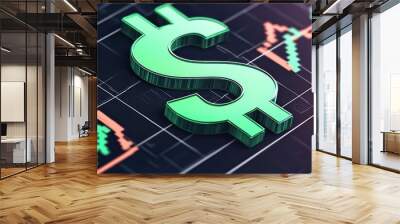 3D dollar symbol on financial graph background, representing economic trends and investment insights. Wall mural