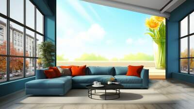 A bright sunny window scene with vibrant flowers and honey jar, creating a cheerful and inviting atmosphere. Wall mural