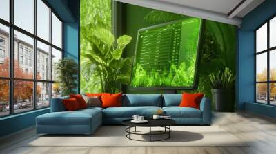 A modern computer monitor with a green interface surrounded by lush indoor plants. Wall mural