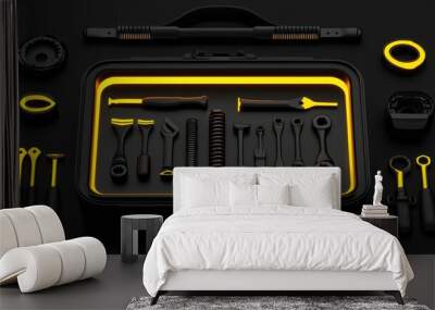 A modern tool kit with various tools arranged neatly in a black case with yellow accents on a dark background. Wall mural