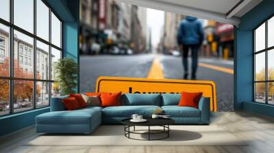 A person standing on a city street with a yellow 'Journey' sign, symbolizing the start of an adventure. Wall mural