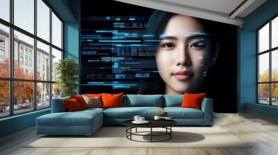 A young woman against a dark background, representing digital innovation and the future of technology. Wall mural