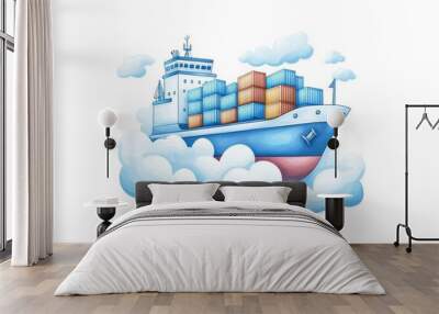 Colorful cargo ship floating amid clouds, vibrant design emphasizing transportation and logistics in a dreamy setting. Wall mural