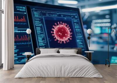 Detailed close-up of a virus rendering on a computer screen with data analysis in a modern lab setting, illustrating cutting-edge research. Wall mural