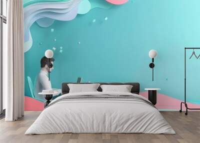 Illustration Paper art style of remote work in cyber color, nice template sharpen with copy space for text Wall mural