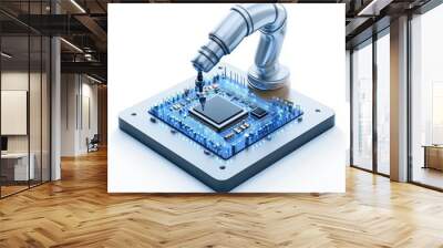 Robot arm assembling a microchip on a circuit board, white isolated background. Wall mural