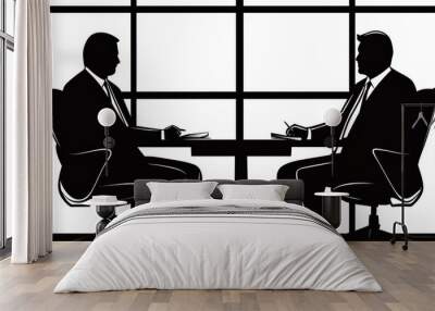 Silhouette of two business professionals engaged in a meeting at a table, showcasing communication and collaboration. Wall mural