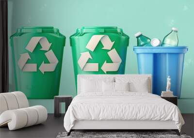 Three recycling bins, two green for recyclables and one blue for waste, on a light background, promoting eco-friendly practices and waste management. Wall mural