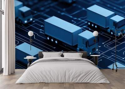 Trucks on a circuit board background, symbolizing advanced logistics and technology. Wall mural