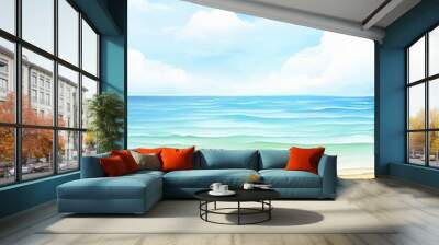 A beautiful beach scene with a blue ocean and white clouds in the sky Wall mural