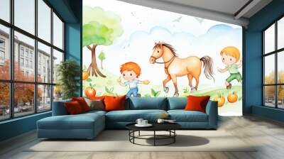 Children and fruit and horses, Cartoon drawing, Water color style, AI Generated Wall mural