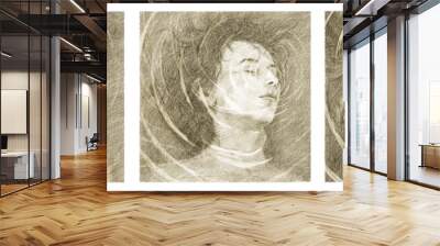 conceptual illustration of a man sinking into the water. portrait of a boy who dreams with his eyes closed. drowning. sleeping. relax. pencil drawing. Wall mural