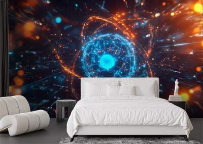 Chemical atom chain background. Futuristic biotechnology DNA research, molecular chemistry connect, medical cell structure, scientific genetic banner, physics experiment Wall mural