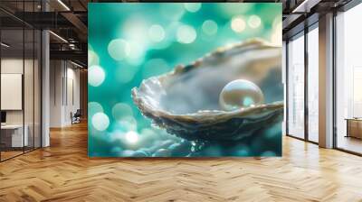 Oyster with pearl inside a shell from the sea, representing ocean luxury in jewelry and gem with shiny underwater allure, featuring white nature and natural background of beautiful marine object Wall mural