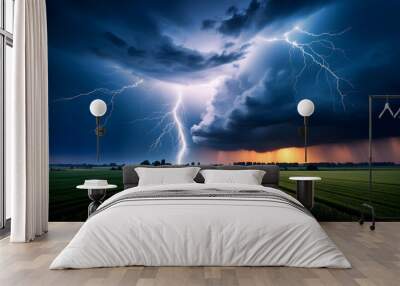 A dramatic night scene featuring a powerful lightning strike illuminating a stormy field, showcasing the raw energy and beauty of nature during a thunderstorm Wall mural