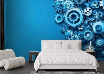 Blue mechanical gears on a solid background Wall mural