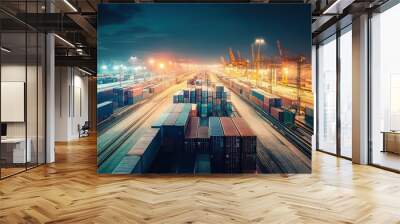 Busy Night at Shipping Port with Containers and Cranes Wall mural