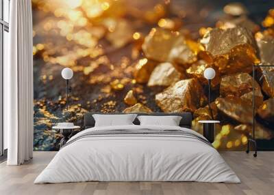 Close-up of gold nuggets on a textured surface with sunlight and bokeh effect. Wall mural