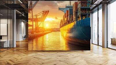 Container ship at port during sunset Wall mural