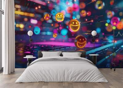 Neon emojis floating above illuminated keyboard Wall mural