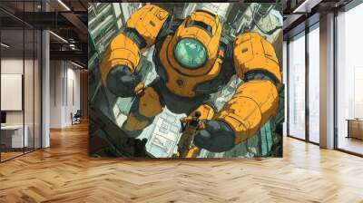 Retro Comic Style Engineer Working with Giant Robot Wall mural