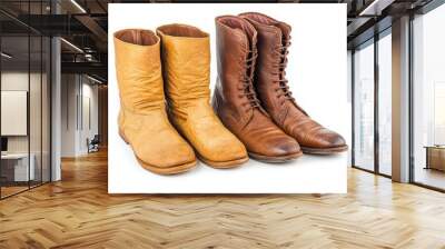 Two pairs of leather boots on white background Wall mural