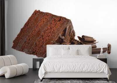 Chocolate cake slice with curl on white background Wall mural