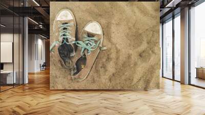 Old brown sneakers with green laces lying on the sand Wall mural