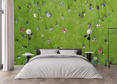 View from the height of the many people are resting on the lawn in the park Wall mural