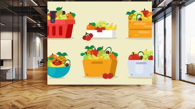 Set of fruits with basket, bag, wood box, cast vector illustration Wall mural