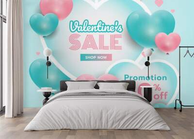 Valentine’s day background hanging hearts with text. Pink and blue 3d hearts. Sweet promotion banner. Vector design template for website, greeting card, love party Wall mural