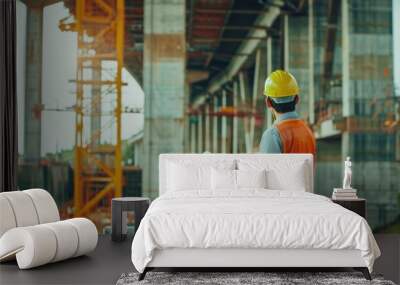 A civil engineer inspecting a bridge construction project, checking structural integrity and safety measures. Wall mural